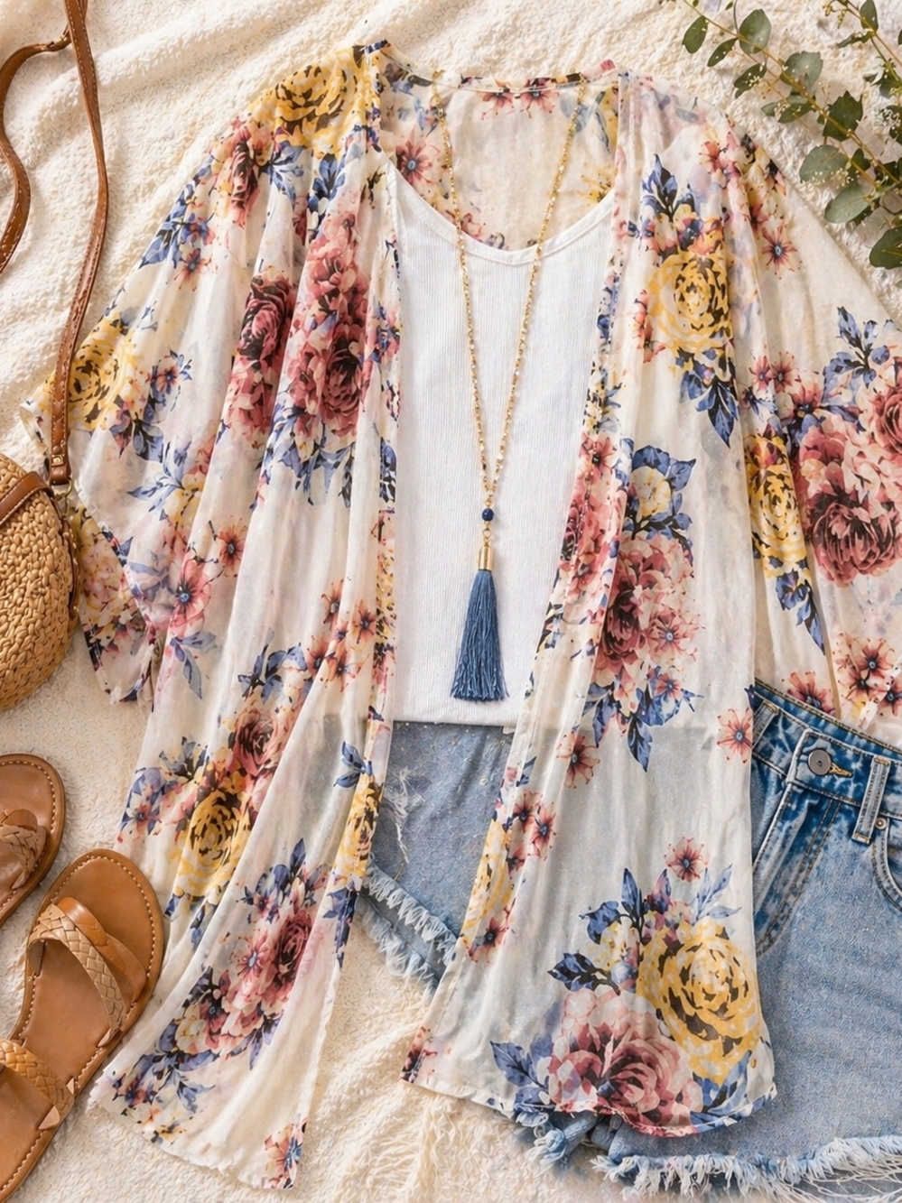 I Joah Sheer Floral Kimono Duster Lightweight OS 28 Ptp